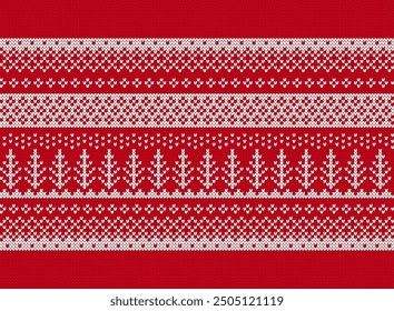 Christmas border with trees. Xmas knit seamless pattern. Holiday red geometric background. Knitted sweater print. Fair isle traditional texture. Festive winter ornament. Vector.