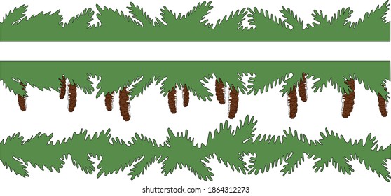 Christmas  border vector set with fir branches and cones. Christmas branch in cartoon flat style. Template for a holiday banner and project.