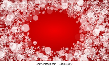 Christmas border with white snowflakes on red background. Santa Claus colors. Horizontal Merry Christmas border for season sales, banners, invitations, retail offers. Falling snow. Frosty winter back.