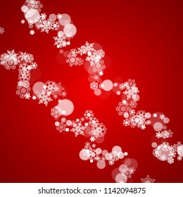 Christmas border with white snowflakes on red background. Santa colors and mood. Merry Christmas border for season sales, banners, invitations, retail offers. Falling snow. Frosty winter backdrop.