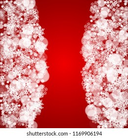 Christmas border with white snowflakes on red background. Santa colors and mood. Merry Christmas border for season sales, banners, invitations, retail offers. Falling snow. Frosty winter backdrop.