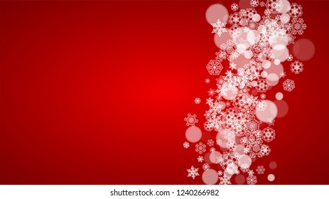 Christmas border with white snowflakes on red background. Santa Claus colors. Horizontal Merry Christmas border for season sales, banners, invitations, retail offers. Falling snow. Frosty winter back.