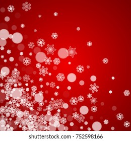 Christmas border with white snowflakes on red background. Santa colors and mood. Merry Christmas border for season sales, banners, invitations, retail offers. Falling snow. Frosty winter backdrop.
