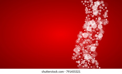 Christmas border with white snowflakes on red background. Santa Claus colors. Horizontal Merry Christmas border for season sales, banners, invitations, retail offers. Falling snow. Frosty winter back.