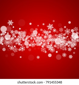 Christmas border with white snowflakes on red background. Santa colors and mood. Merry Christmas border for season sales, banners, invitations, retail offers. Falling snow. Frosty winter backdrop.