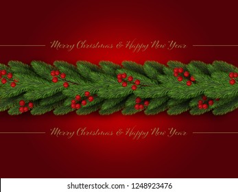 Christmas border. Winter holiday background with decorative border of realistic christmas tree branches with red berries. Vector illustration