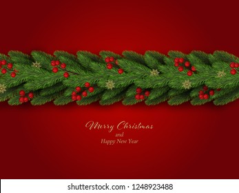 Christmas border. Winter holiday background with decorative border of realistic christmas tree branches with red berries and snowflakes. Vector illustration