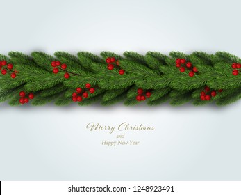 Christmas border. Winter holiday background with decorative border of realistic christmas tree branches with red berries. Vector illustration