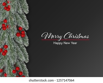 Christmas border. Winter holiday background with decorative border of realistic christmas tree branches with red berries. Vector illustration 