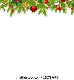 Christmas Border With Xmas Garland Isolated On White Background With Gradient Mesh, Vector Illustration