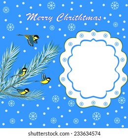  christmas border,card.birds on a branch, letter and snowflakes on a blue background, illustration