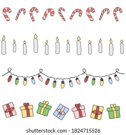 Fronteras navideñas con caramelos, velas, luces y caja de regalo para la web, tarjeta, banner y diseño