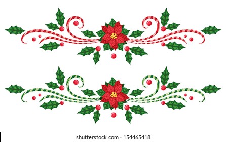 Christmas borders with candy cane and poinsettia