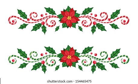Christmas borders with candy cane and poinsettia