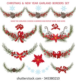 Christmas borders decoration with tree spruce branches, red Poinsettia flowers,berries,bow,cone,snowflakes.New year Vintage garlands,Vector Illustrations