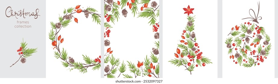 Christmas borders, holiday backgrounds. Collection of Greeting card with fir branches, berries and cones.