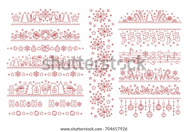 Christmas borders from line\
art icons. Horizontal dividers with linear winter holiday symbols\
and objects