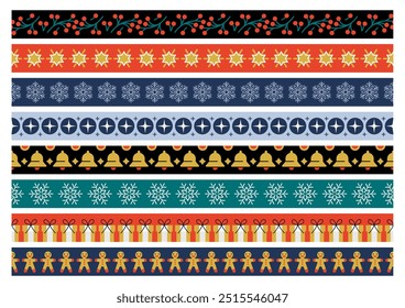Christmas borders and ornaments, seamless tape designs decorated xmas gifts, lettering, stars and holly berries. Vector illustration, masking tape texture