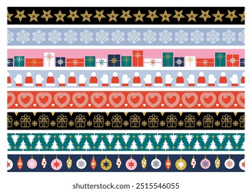 Christmas borders and ornaments, seamless tape designs decorated xmas gifts, lettering, stars and holly berries. Vector illustration, masking tape texture