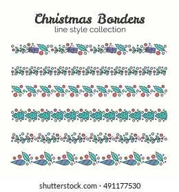Christmas Borders. Set of Christmas Seamless Ribbons. Vector Line and Decoration. Winter Season Collection