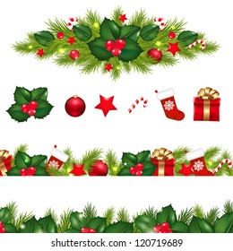 Christmas Borders Set With Xmas Garland, Isolated On White Background With Gradient Mesh, Vector Illustration