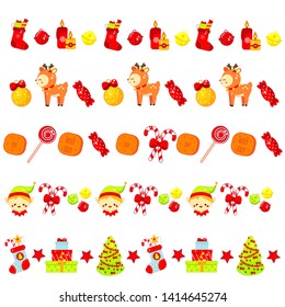 Christmas borders wth cute symbols. Santa elf, socks, tree and other objects. Template for adhesive tapes, decoration ribbons, scrapbook and other New Year design
