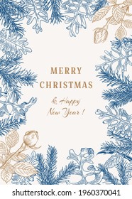 Christmas botanical card. Christmas background .Vector illustration Spruce, dusty miller, white roses. Winter wedding invitation. Blue background and golden greeting.