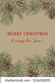 Christmas botanical card. Christmas beige background with red greeting. Vector illustration with Pine, cones. 