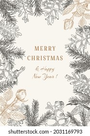 Christmas botanical card. Botanikal background .Vector illustration Spruce, dusty miller and golden roses. Winter wedding invitation. Sketch. Black and White.