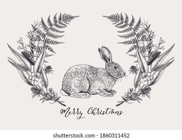 Christmas botanical card with cute rabbit. Vector  vintage illustration. Black and white graphics.