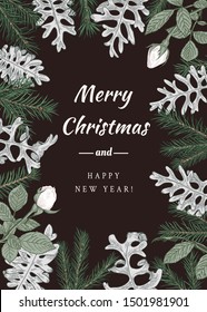 Christmas botanical card. Christmas dark background .Vector illustration Spruce, dusty miller,white roses.