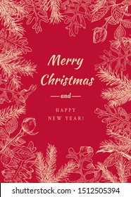 Christmas botanical card. Christmas red background .Vector illustration Spruce, dusty miller,white roses.