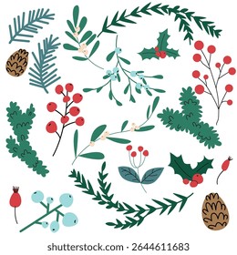 Christmas botanical clipart set. Hand drawn pine branches, holly leaves, mistletoe, berries, and pine cones. Festive winter foliage in flat cartoon style on white background. Vector illustration