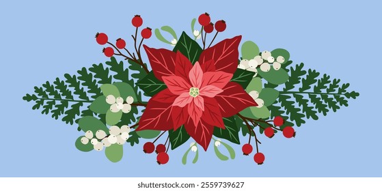 Christmas botanical composition with poinsettia, fern, snowberry. Decorative and festive floral arrangement. Hand drawn vector illustration for design holiday decor, decoration new year, greeting card