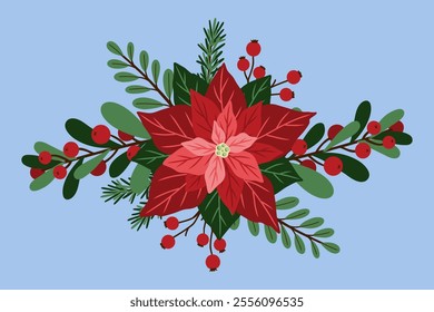 Christmas botanical composition with poinsettia, fir branches, berries. Decorative and festive floral arrangement. Hand drawn vector illustration for design holiday decor, decoration new year, greetin