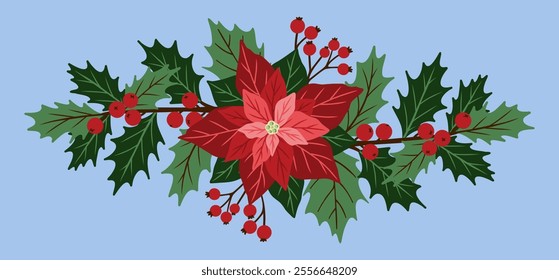 Christmas botanical composition with poinsettia, fir branches, holly. Decorative and festive floral arrangement. Hand drawn vector illustration for design holiday greeting card. Winter bouquet.