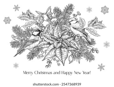 Christmas botanical composition with tit birds fir branches holly mistletoe poinsettia. Black white Hand drawn. Vintage Vector illustration Background for design holiday decor decoration greeting card