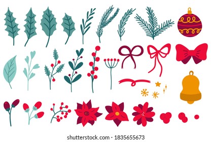 Christmas botanical decoration set. Hand drawn leaves, flowers and berries, bows and fir tree, winter traditional xmas holiday decoration elements, vector cartoon design decor isolated objects