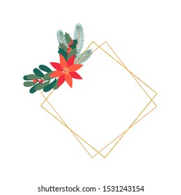 Christmas Botanical festive diamond-shaped frame with winter flowers of poinsettia and mistletoe leaves, fir tree sprig. Vector hand drawn elegant design element isolated on white background.