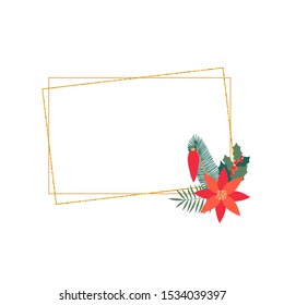 Christmas Botanical festive horizontal frame with winter flowers of poinsettia and holly leaves, fir tree sprig. Vector hand drawn elegant design element isolated on white background.