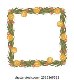 Christmas botanical Frame with Baubles and Pine Branches. Isolated Wreath in a Square Shape for cards, invitations, and scrapbook designs