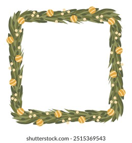 Christmas botanical Frame with Baubles and Pine Branches. Isolated Wreath in a Square Shape for cards, invitations, and scrapbook designs