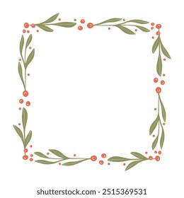 Christmas botanical Frame with Holly Berries. Isolated Wreath with Pine Branches and red Berry in a Square Shape for cards, invitations, and scrapbook designs