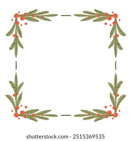 Christmas botanical Frame with Holly Berries. Isolated Wreath with Pine Branches and red Berry in a Square Shape for cards, invitations, and scrapbook designs