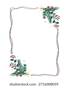 Christmas botanical frame vector illustration with pine branches, holly berries and ribbon border. Festive holiday design for card, invitation and poster.