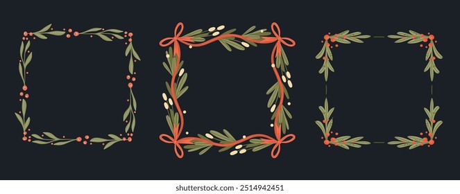 Christmas botanical Frames with Mistletoe and Berries collection. Wreath with Pine Branches and Bows in a Square Shape for Greeting cards, invitations, and scrapbook designs