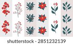 Christmas botanical patchwork seamless pattern with vertical cream, beige and soft gray stripes, decorated with hanging berry branches, poinsettia, holly and mistletoe. Hand drawn Scandinavian holiday design.