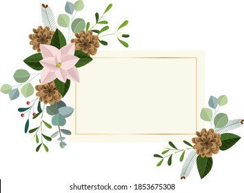 Christmas botanical rectangular frame with poinsettia, spruce cone, red berries, eucalyptus, mistletoe and gold line on beige background. Christmas vector festive frame. Illustration for New Year