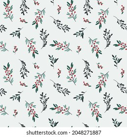 Christmas botanical seamless pattern. Branches, leaves and berries. Cute and colorful vector illustration for background, gift card, wrapping paper, textile, stationery and any surface design