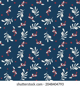 Christmas botanical seamless pattern. Branches, leaves and berries. Cute and colorful vector illustration for background, gift card, wrapping paper, textile, stationery and any surface design